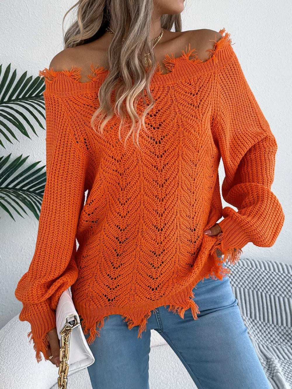 Distressed Hem Openwork Off-Shoulder Sweater - Trendsi - Flyclothing LLC
