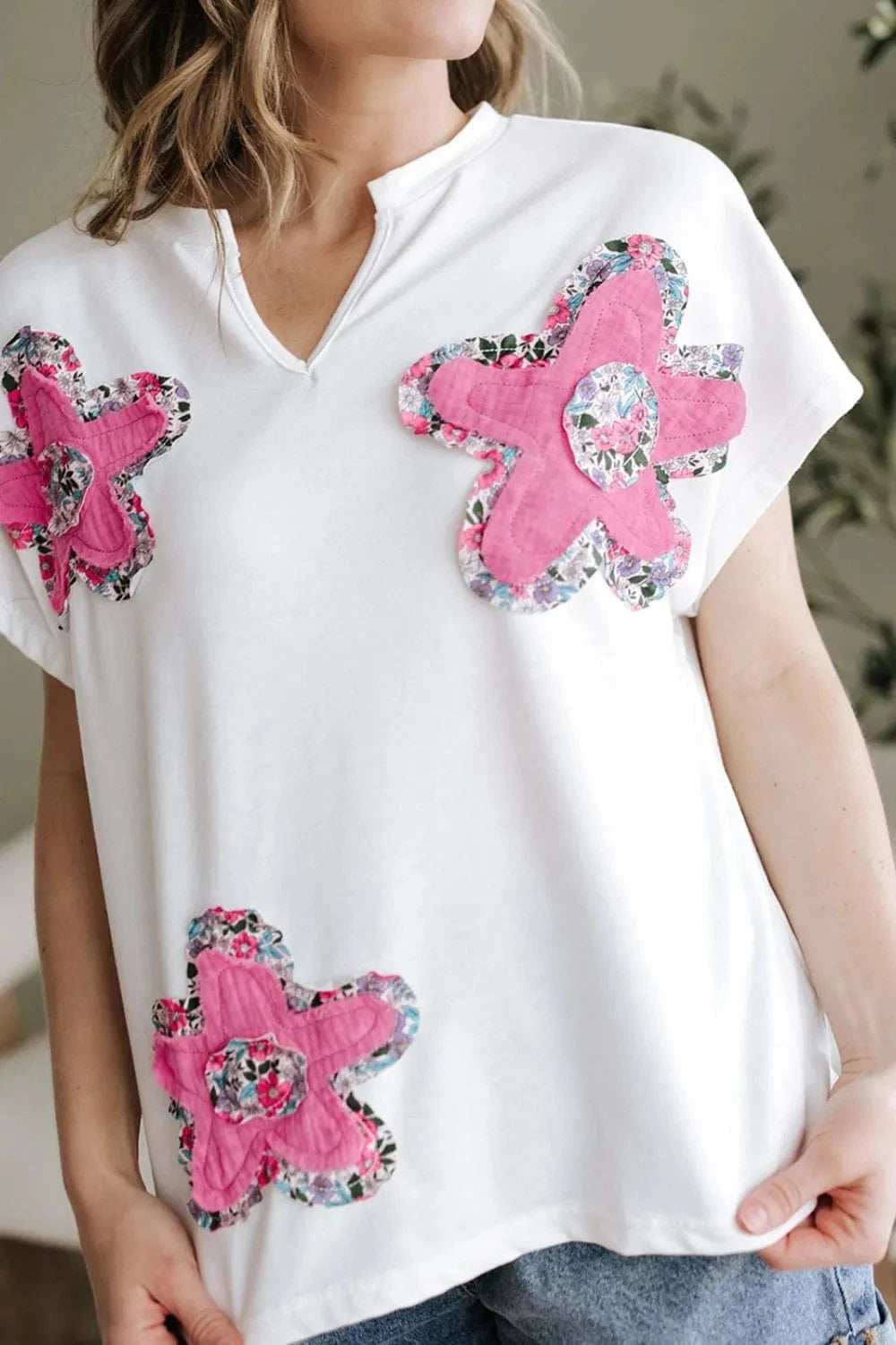 Floral Applique Notched Dolman Sleeve Top - Trendsi - Flyclothing LLC