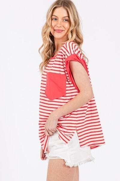 Ces Femme Side Slit Striped Cap Sleeve T-Shirt - Trendsi - Flyclothing LLC