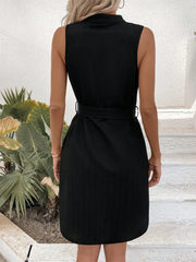 Tied Buttoned Up Notched Sleeveless Dress - Trendsi