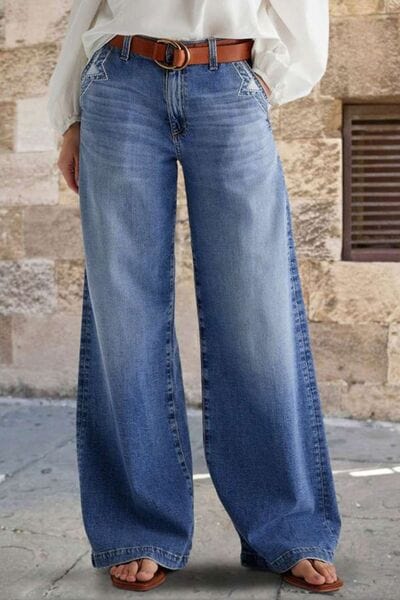 Pocketed Embroidered Straight Leg Jeans - Trendsi