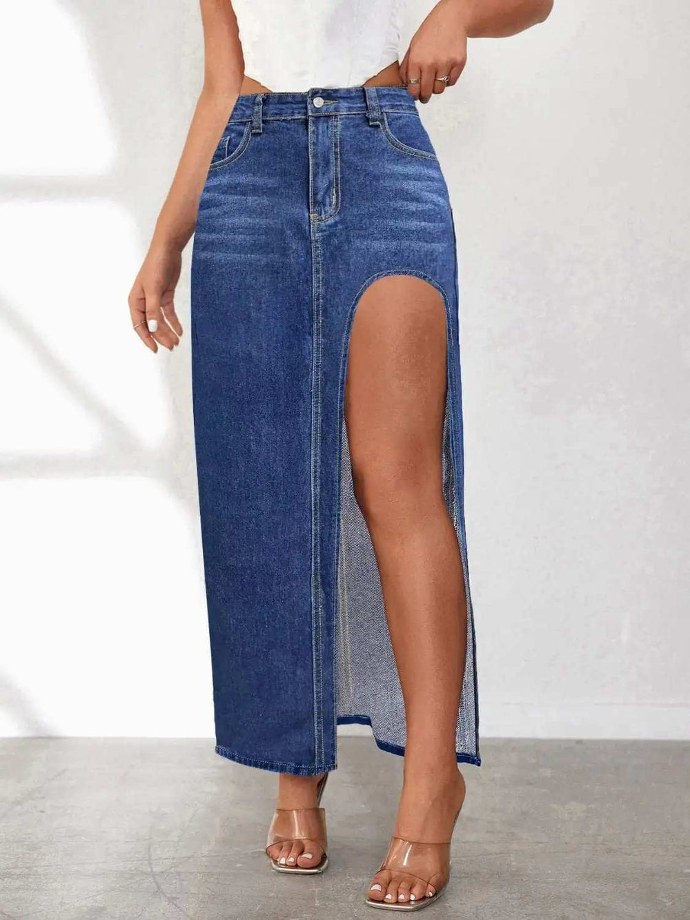 High Rise Slit Denim Skirt - Trendsi - Flyclothing LLC