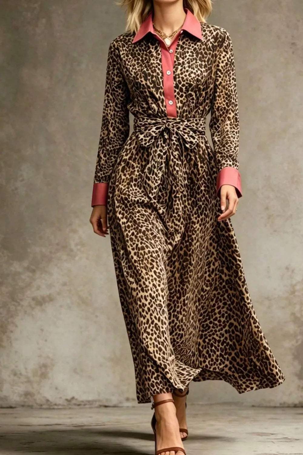 Leopard Print Belted Maxi Shirt Dress - Trendsi - Flyclothing LLC