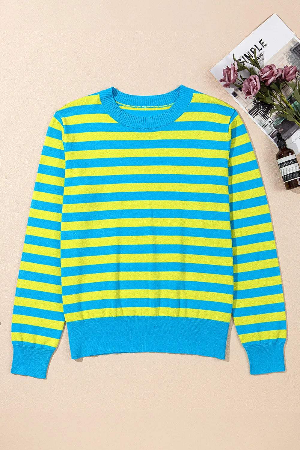 Striped Round Neck Long Sleeve Sweater - Trendsi - Flyclothing LLC