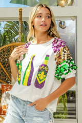 BiBi Sequin Mardi Gras Bottles Spangled Sleeve Top - Trendsi - Flyclothing LLC