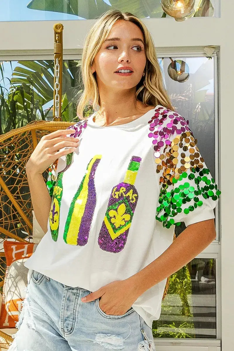 BiBi Sequin Mardi Gras Bottles Spangled Sleeve Top - Trendsi - Flyclothing LLC