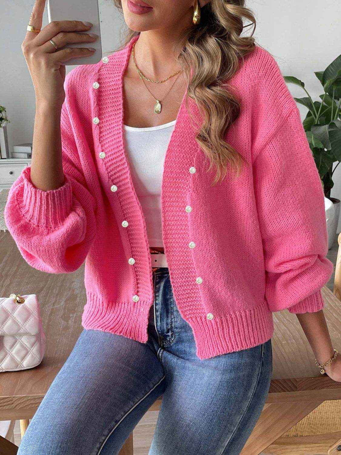 Pearl Open Front Long Sleeve Cardigan - Trendsi - Flyclothing LLC