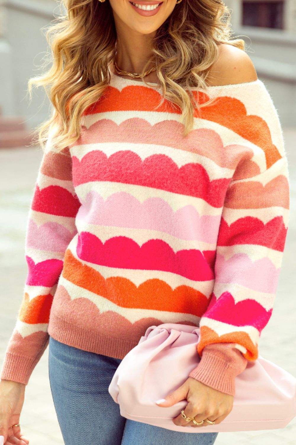 Contrast Boat Neck Long Sleeve Sweater - Trendsi - Flyclothing LLC