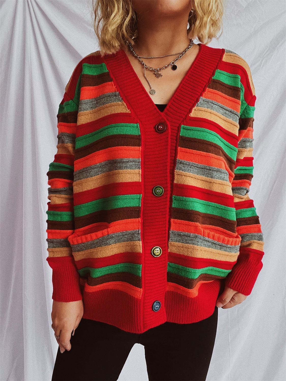 Contrast Stripes Button Up Long Sleeve Cardigan - Trendsi