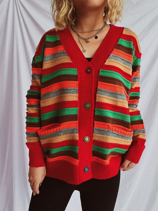 Contrast Stripes Button Up Long Sleeve Cardigan - Trendsi