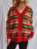 Contrast Stripes Button Up Long Sleeve Cardigan - Trendsi - Flyclothing LLC