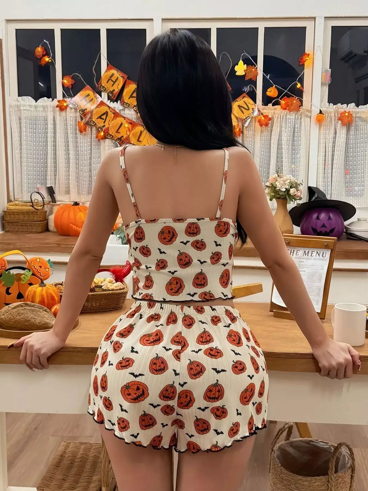 Halloween Pumpkin Print Cami and Shorts Lounge Set - Trendsi - Flyclothing LLC