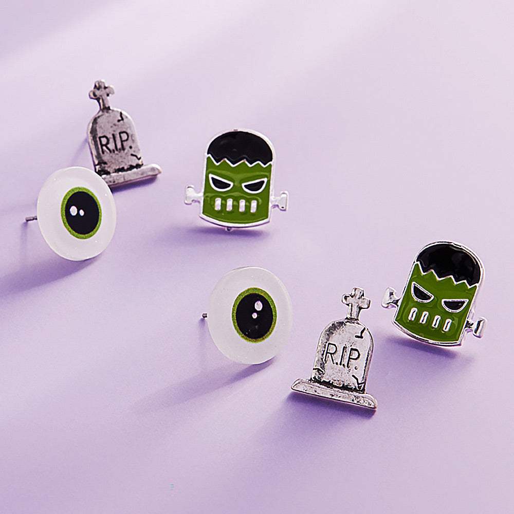 3Pairs - Enamel Halloween Frankenstein Monster Eye Tomb Stud Earring Set - Madeline Love - Flyclothing LLC