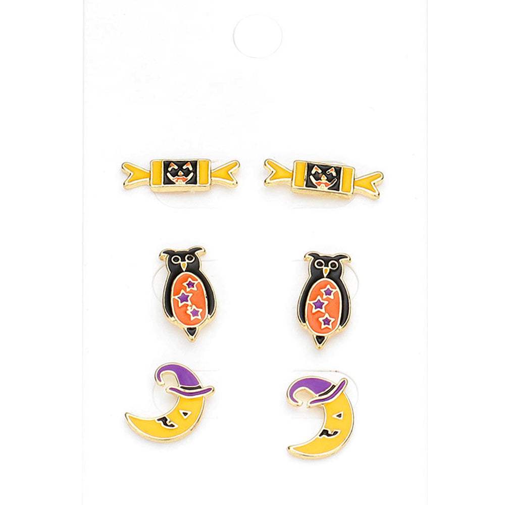 3Pairs - Enamel Pumpkin Candy Owl Crescent Moon Stud Earrings - Madeline Love - Flyclothing LLC