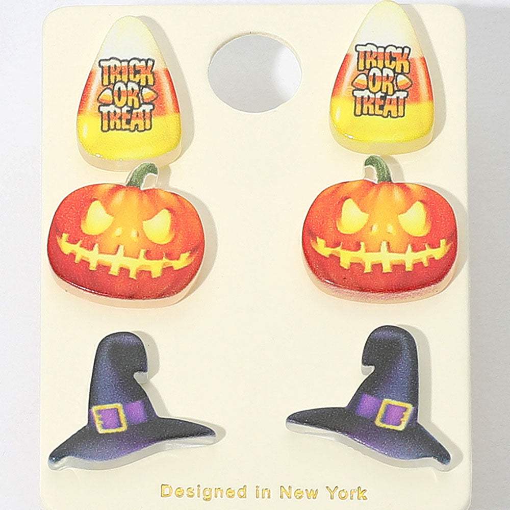3Pairs - Halloween Candy Corn Pumpkin Witch Hat Stud Earring Set - Madeline Love - Flyclothing LLC