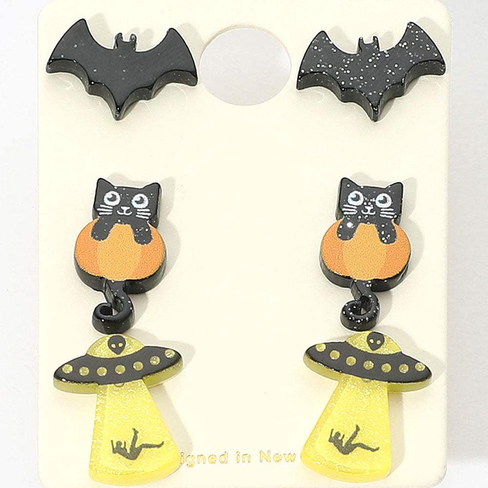 3Pairs - Halloween Themed Bat Black Cat UFO Stud Earring Set - Madeline Love - Flyclothing LLC