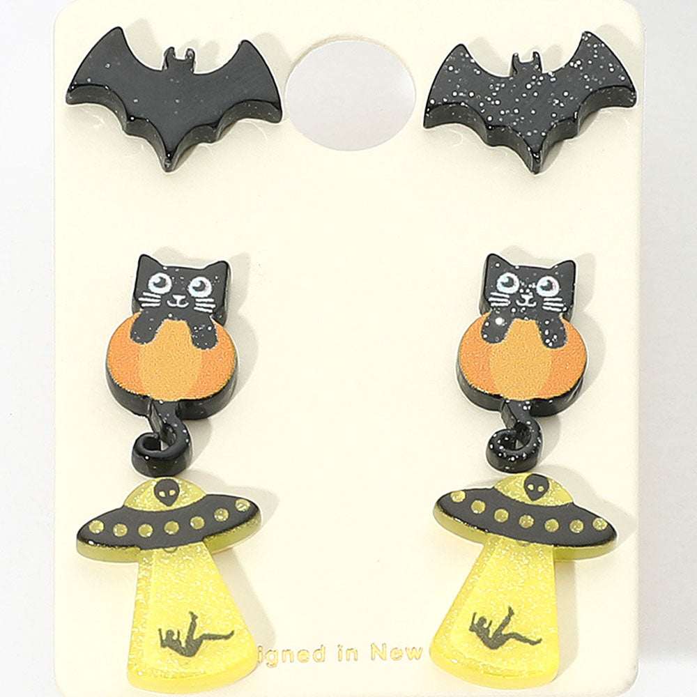 3Pairs - Halloween Themed Bat Black Cat UFO Stud Earring Set - Madeline Love - Flyclothing LLC