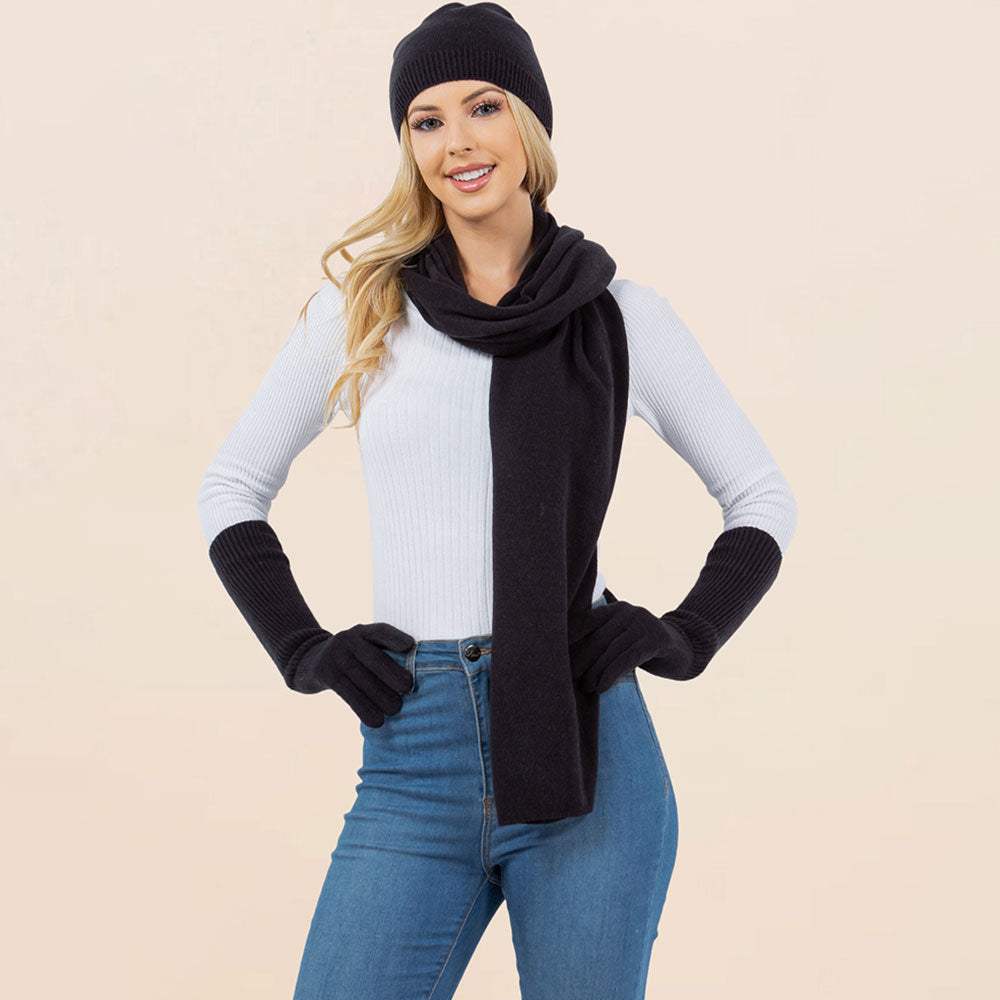 3PCS - Solid Winter Beanie Hat Scarf Gloves Set - Madeline Love - Flyclothing LLC