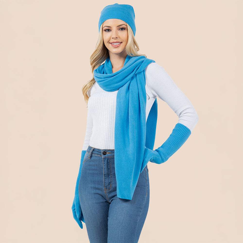 3PCS - Solid Winter Beanie Hat Scarf Gloves Set - Madeline Love - Flyclothing LLC