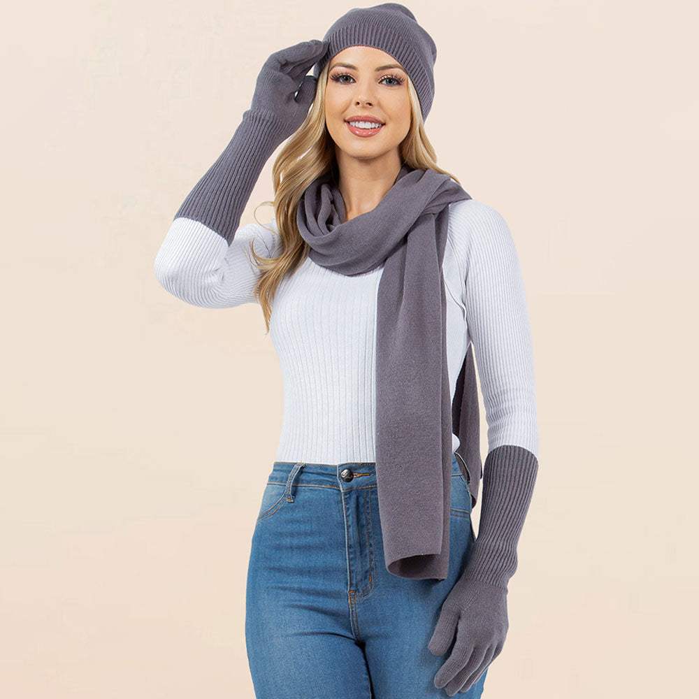 3PCS - Solid Winter Beanie Hat Scarf Gloves Set - Madeline Love - Flyclothing LLC