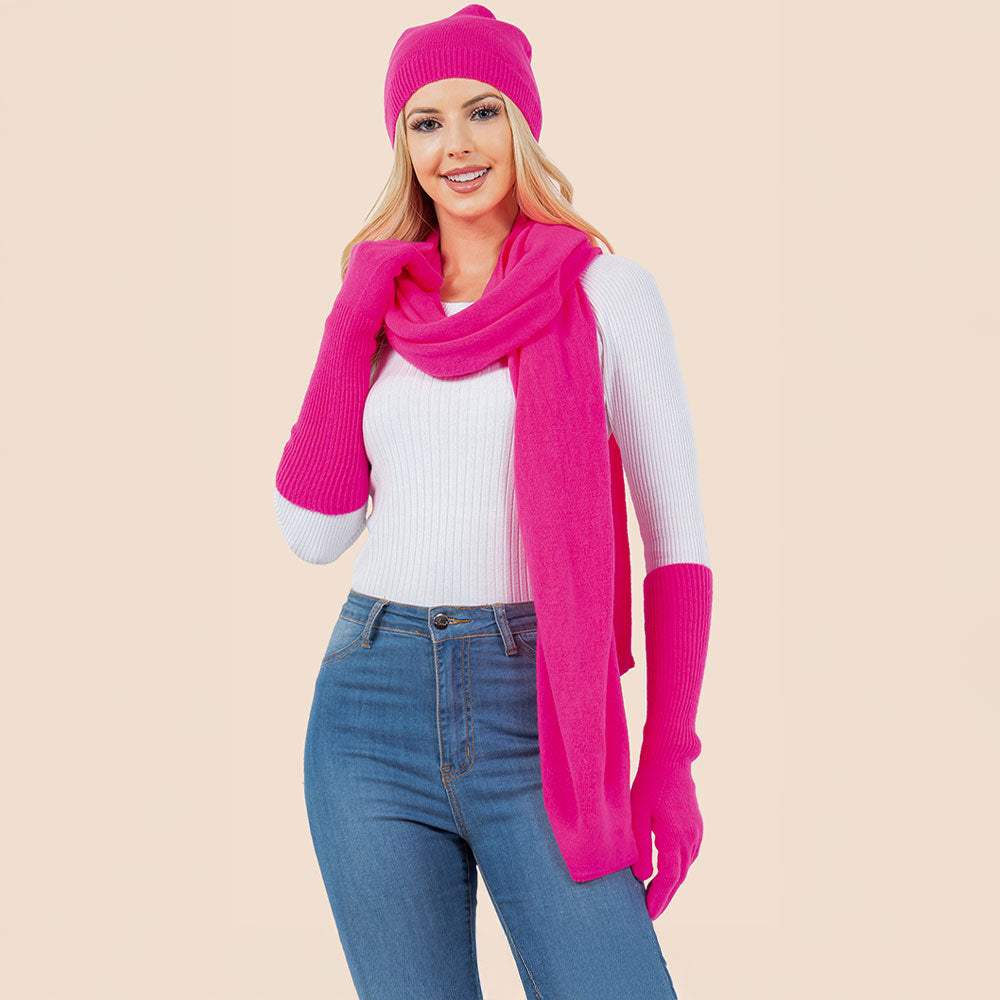 3PCS - Solid Winter Beanie Hat Scarf Gloves Set - Madeline Love - Flyclothing LLC