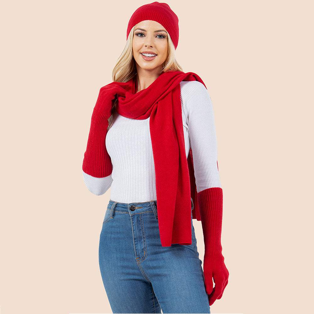 3PCS - Solid Winter Beanie Hat Scarf Gloves Set - Madeline Love - Flyclothing LLC