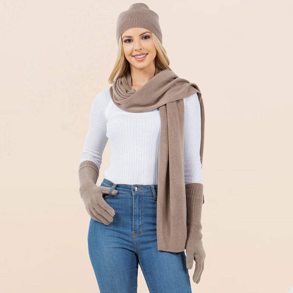 3PCS - Solid Winter Beanie Hat Scarf Gloves Set - Madeline Love - Flyclothing LLC