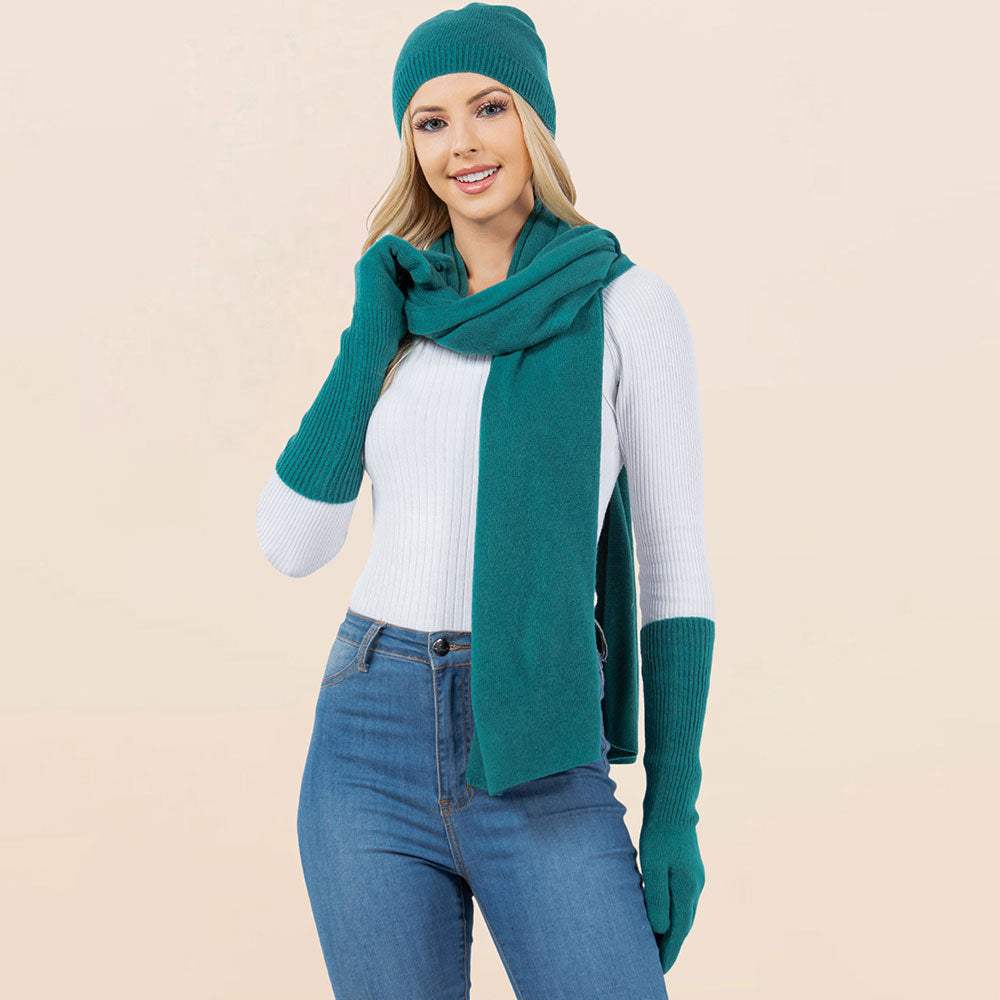 3PCS - Solid Winter Beanie Hat Scarf Gloves Set - Madeline Love - Flyclothing LLC