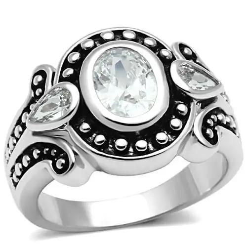 3W056 - Rhodium Brass Ring with AAA Grade CZ  in Clear - Alamode