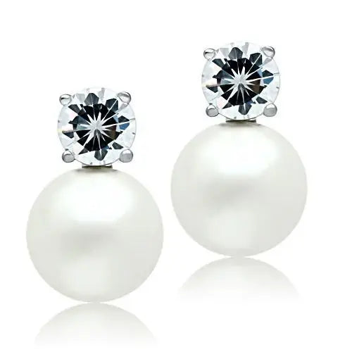 3W088 - Rhodium Brass Earrings with Synthetic Pearl in White - Alamode - Flyclothing LLC