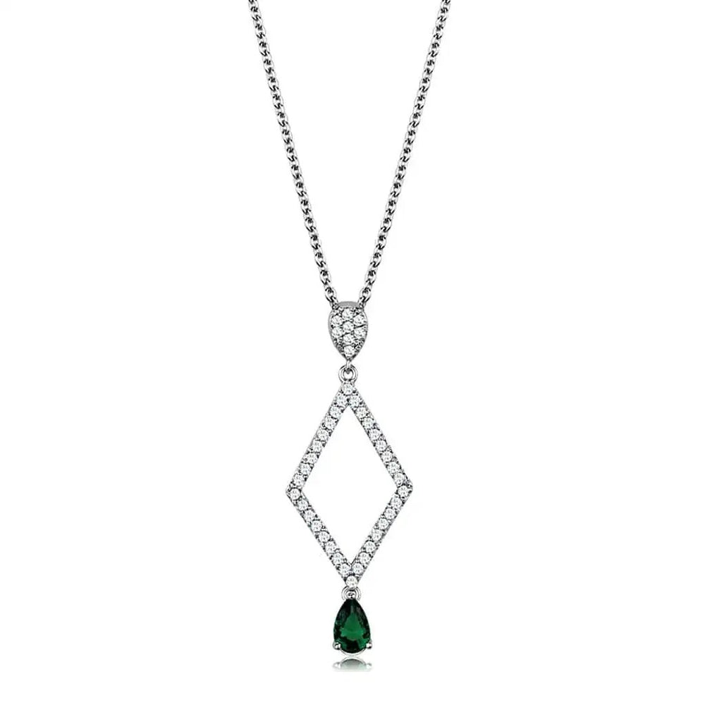 3W1026 - Rhodium Brass Chain Pendant with Synthetic Synthetic Glass in Emerald - Alamode