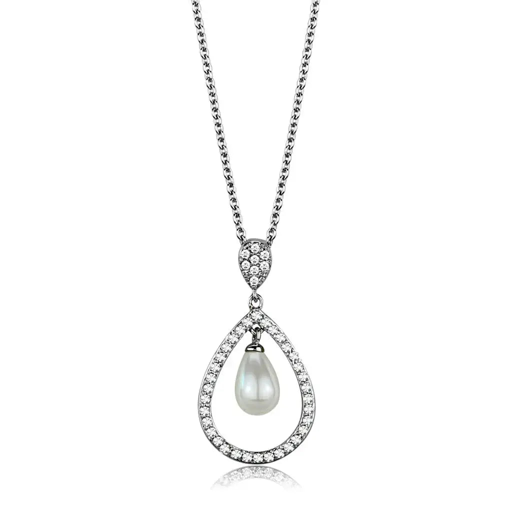 3W1031 - Rhodium Brass Chain Pendant with Synthetic Pearl in White - Alamode - Flyclothing LLC