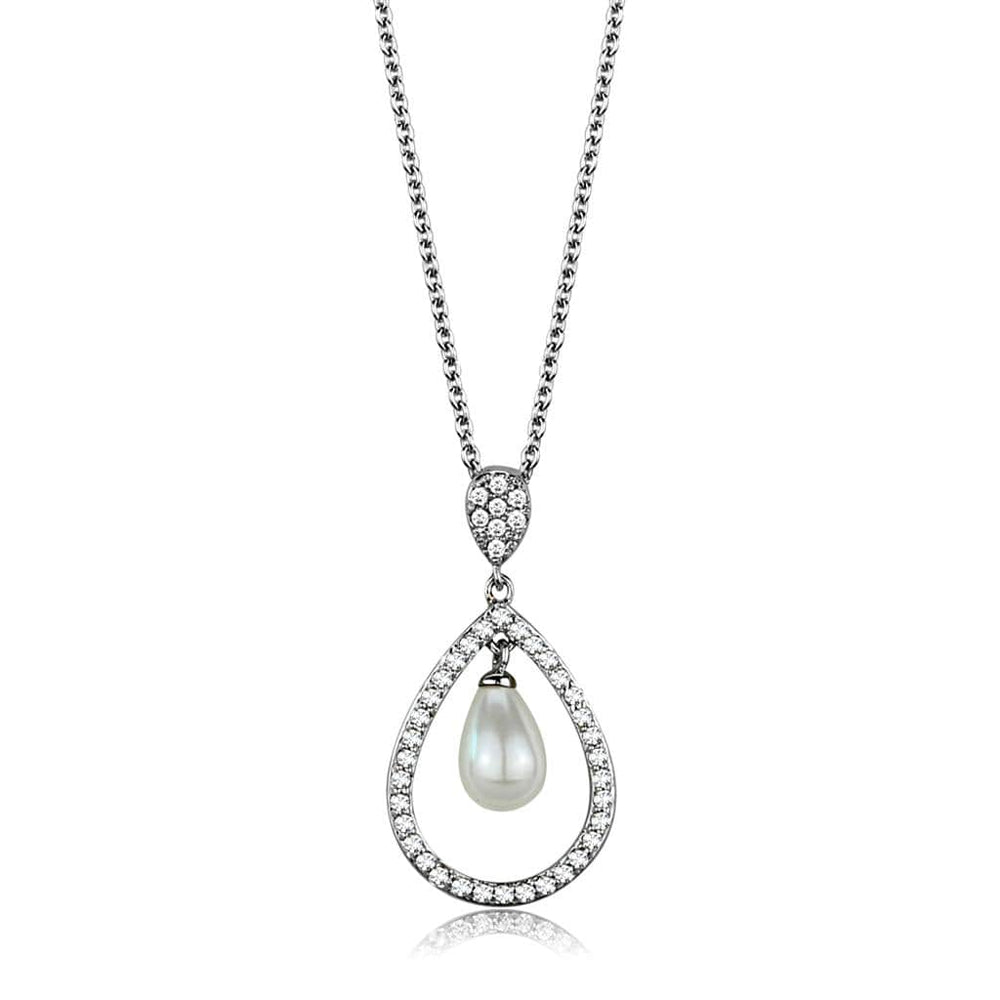 3W1031 - Rhodium Brass Chain Pendant with Synthetic Pearl in White - Alamode