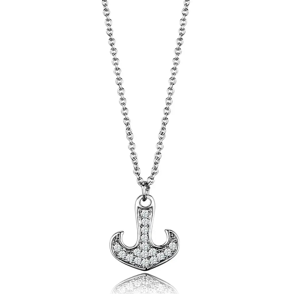 3W1035 - Rhodium Brass Chain Pendant with AAA Grade CZ in Clear - Alamode - Flyclothing LLC