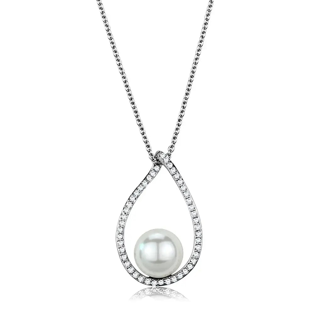 3W1036 - Rhodium Brass Chain Pendant with Synthetic Pearl in White - Alamode - Flyclothing LLC
