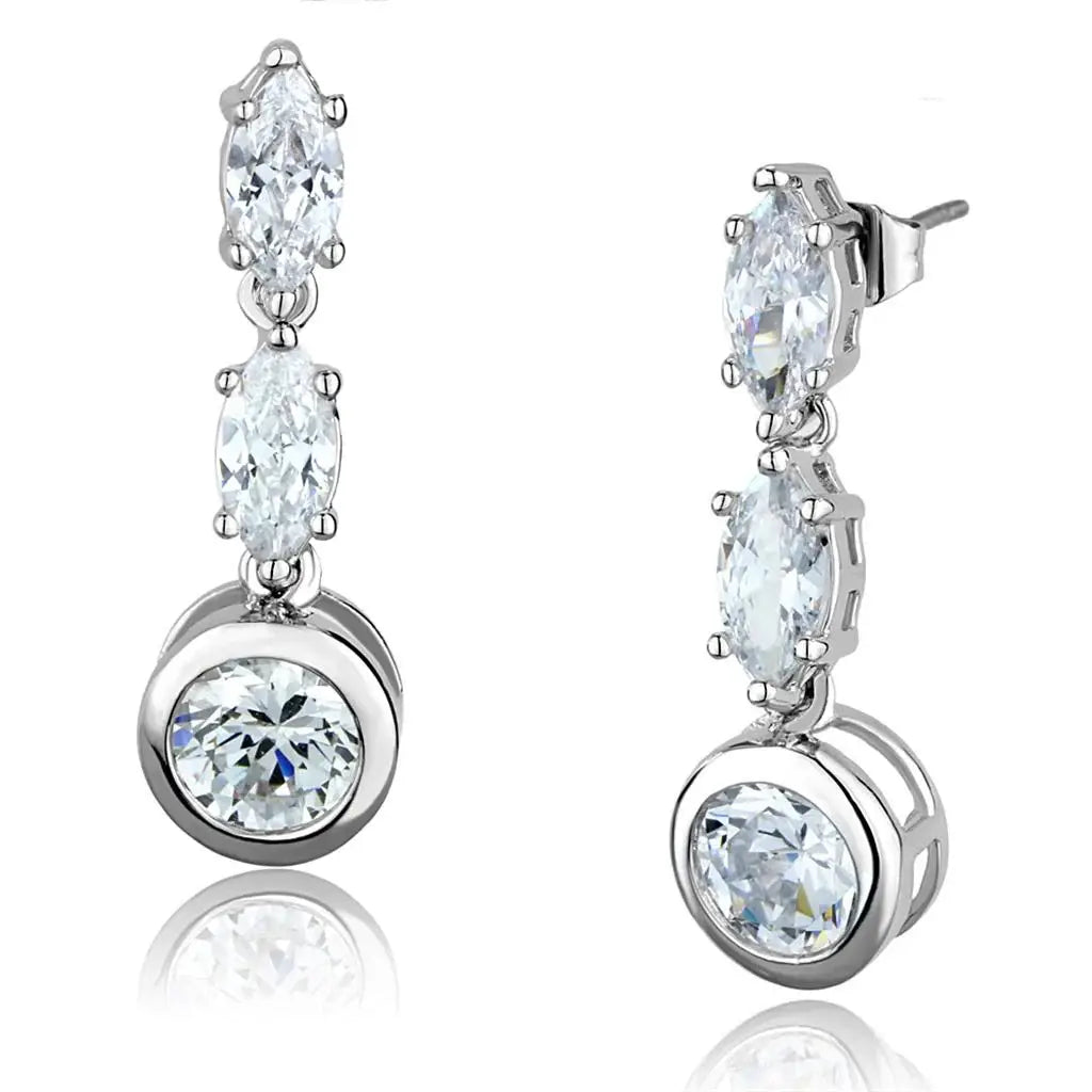 3W1060 - Rhodium Brass Earrings with AAA Grade CZ in Clear - Alamode - Flyclothing LLC
