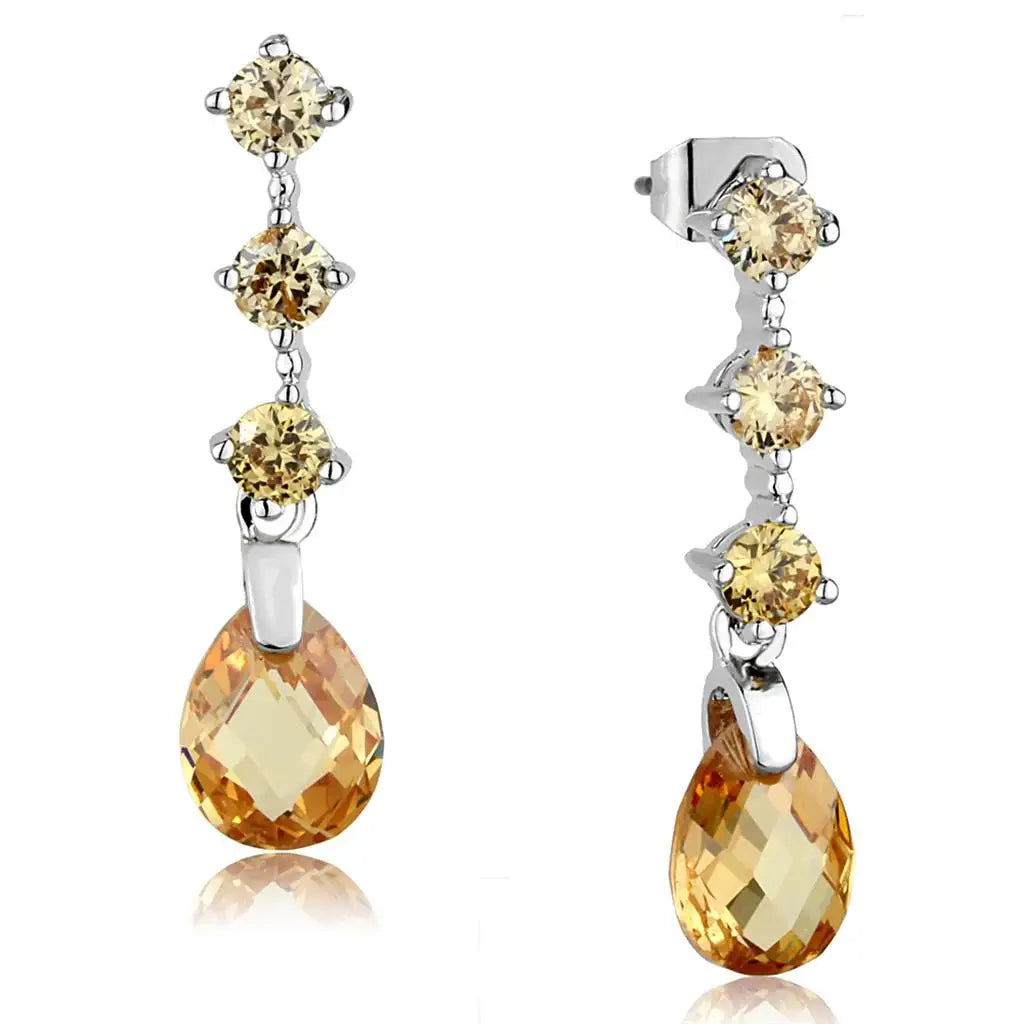 3W1063 - Rhodium Brass Earrings with AAA Grade CZ in Champagne - Alamode - Flyclothing LLC