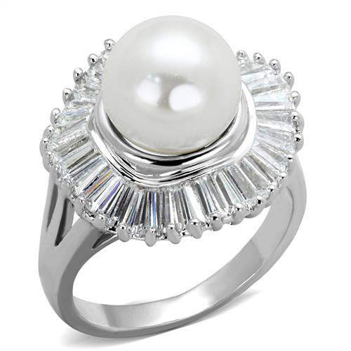 3W1073 - Rhodium Brass Ring with Synthetic Pearl in White - Alamode - Flyclothing LLC