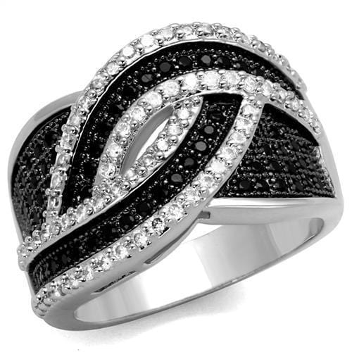 3W1090 - Rhodium + Ruthenium Brass Ring with AAA Grade CZ  in Black Diamond - Alamode