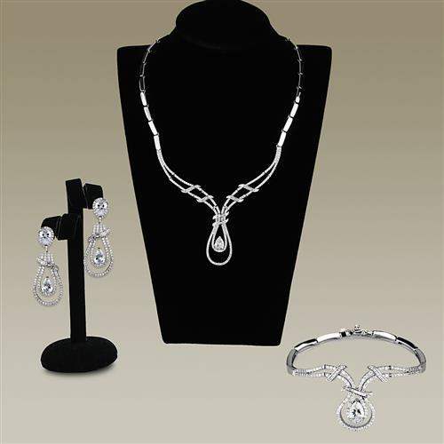 3W1095 - Rhodium Brass Jewelry Sets with AAA Grade CZ in Clear - Alamode - Flyclothing LLC