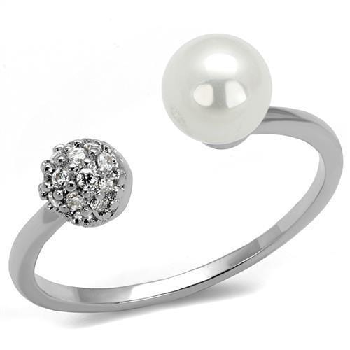 3W1230 - Rhodium Brass Ring with Synthetic Pearl in White - Alamode