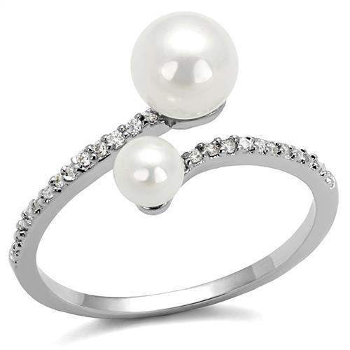 3W1236 - Rhodium Brass Ring with Synthetic Pearl in White - Alamode - Flyclothing LLC