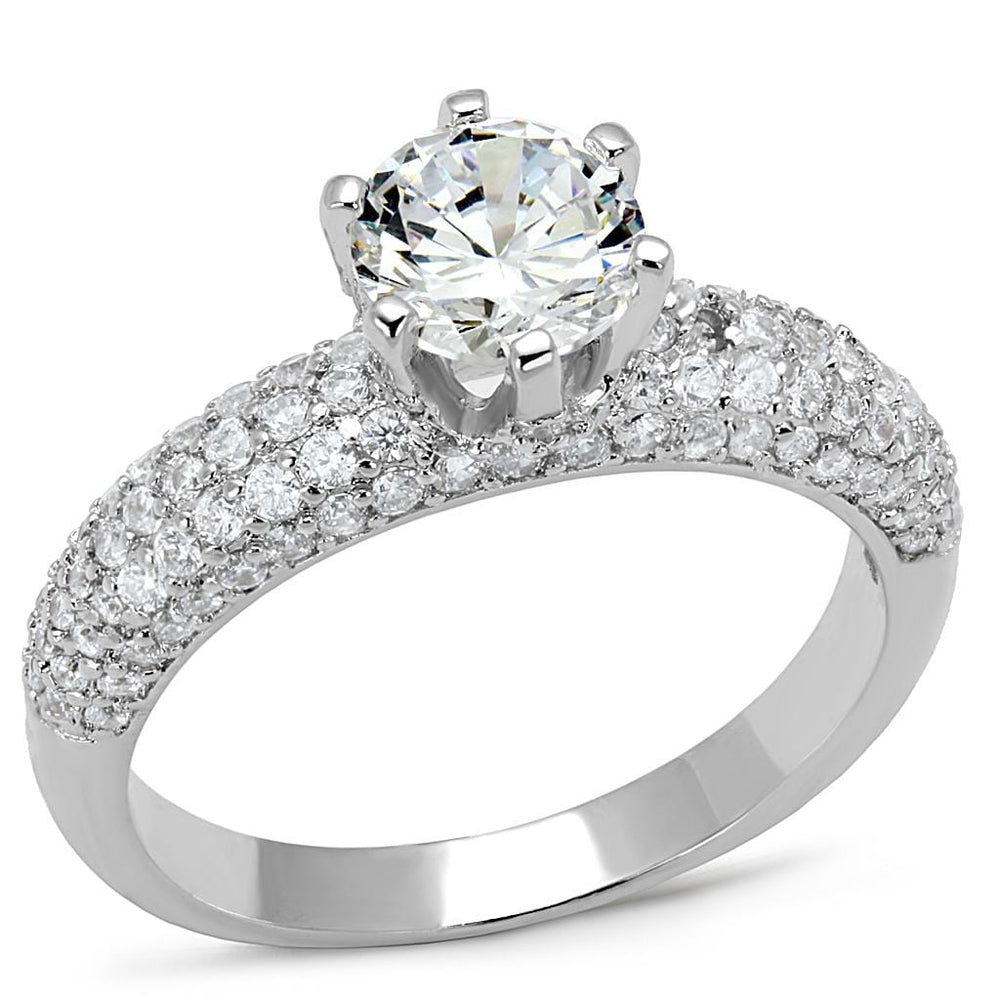 3W1253 - Rhodium Brass Ring with AAA Grade CZ  in Clear - Alamode