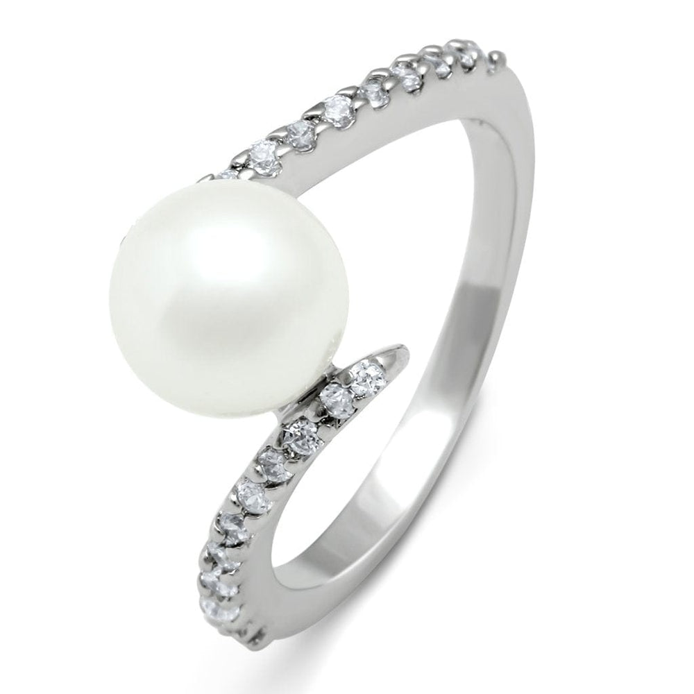 3W126 - Rhodium Brass Ring with Synthetic Pearl in White - Alamode