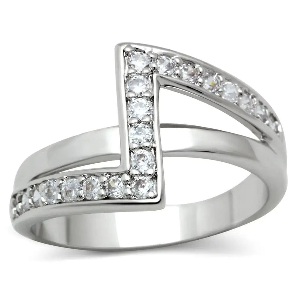 3W127 - Rhodium Brass Ring with AAA Grade CZ  in Clear - Alamode