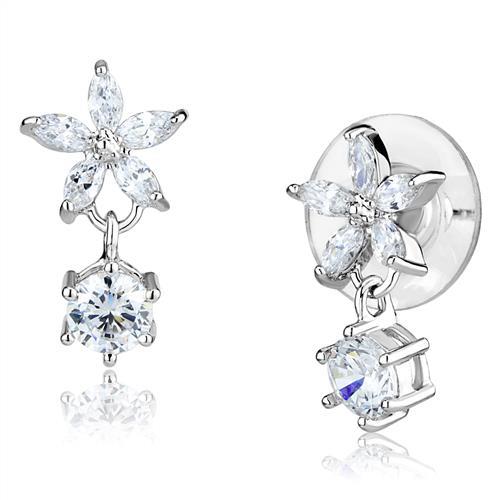 3W1281 - Rhodium Brass Earrings with AAA Grade CZ  in Clear - Alamode
