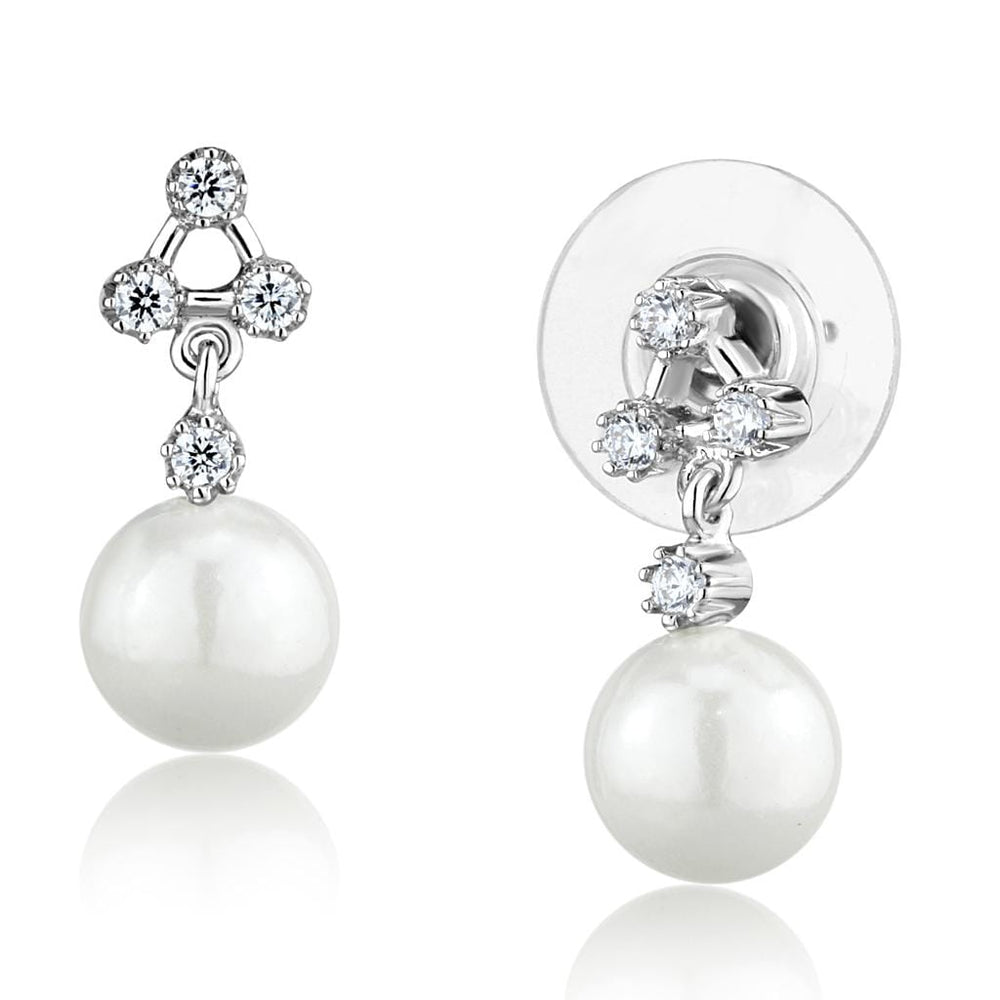 3W1295 - Rhodium Brass Earrings with Synthetic Pearl in White - Alamode