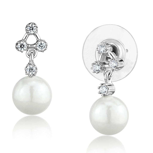 3W1295 - Rhodium Brass Earrings with Synthetic Pearl in White - Alamode - Flyclothing LLC