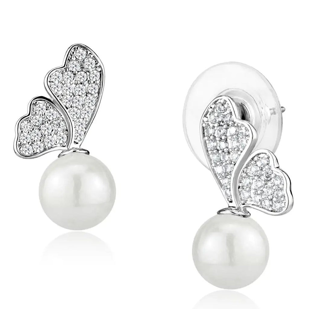 3W1299 - Rhodium Brass Earrings with Synthetic Pearl in White - Alamode
