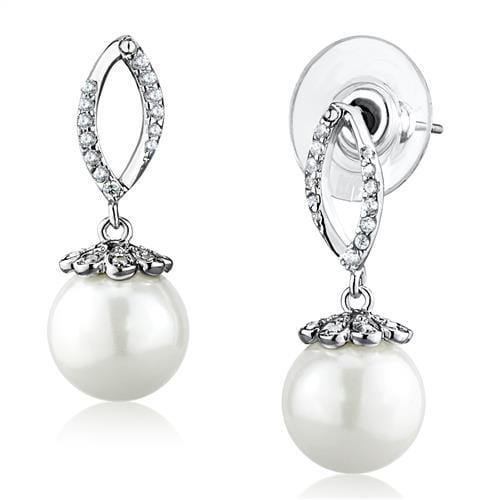 3W1301 - Rhodium Brass Earrings with Synthetic Pearl in White - Alamode